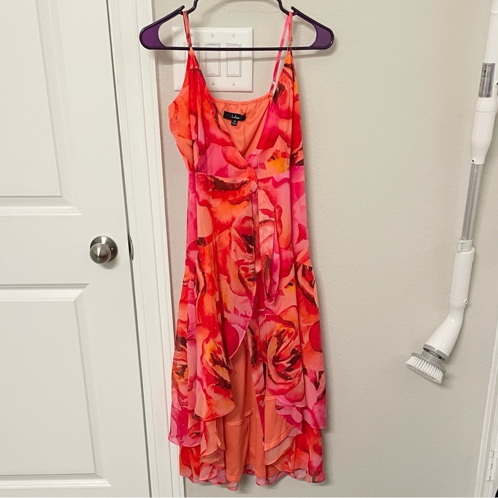 Lulu's Sunny Certainty Red Orange Floral Chiffon Wrap Midi Dress